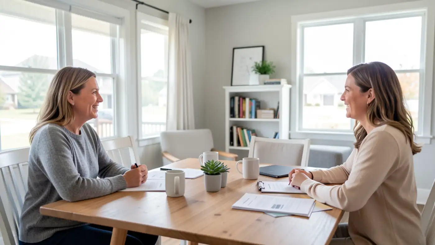 Calm consultation scene with two people talking across a table in a bright home office