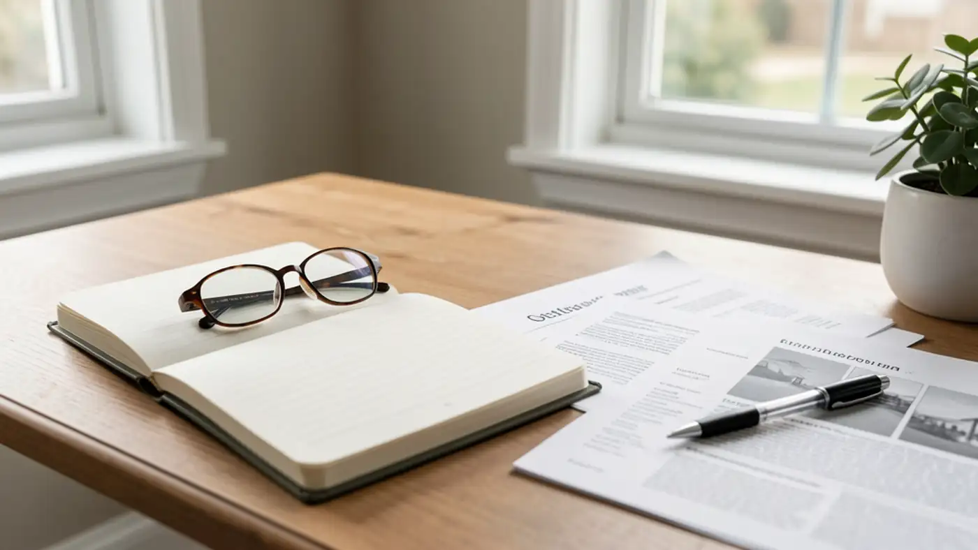 Notebook, glasses, and printed reference pages on a quiet desk in daylight
