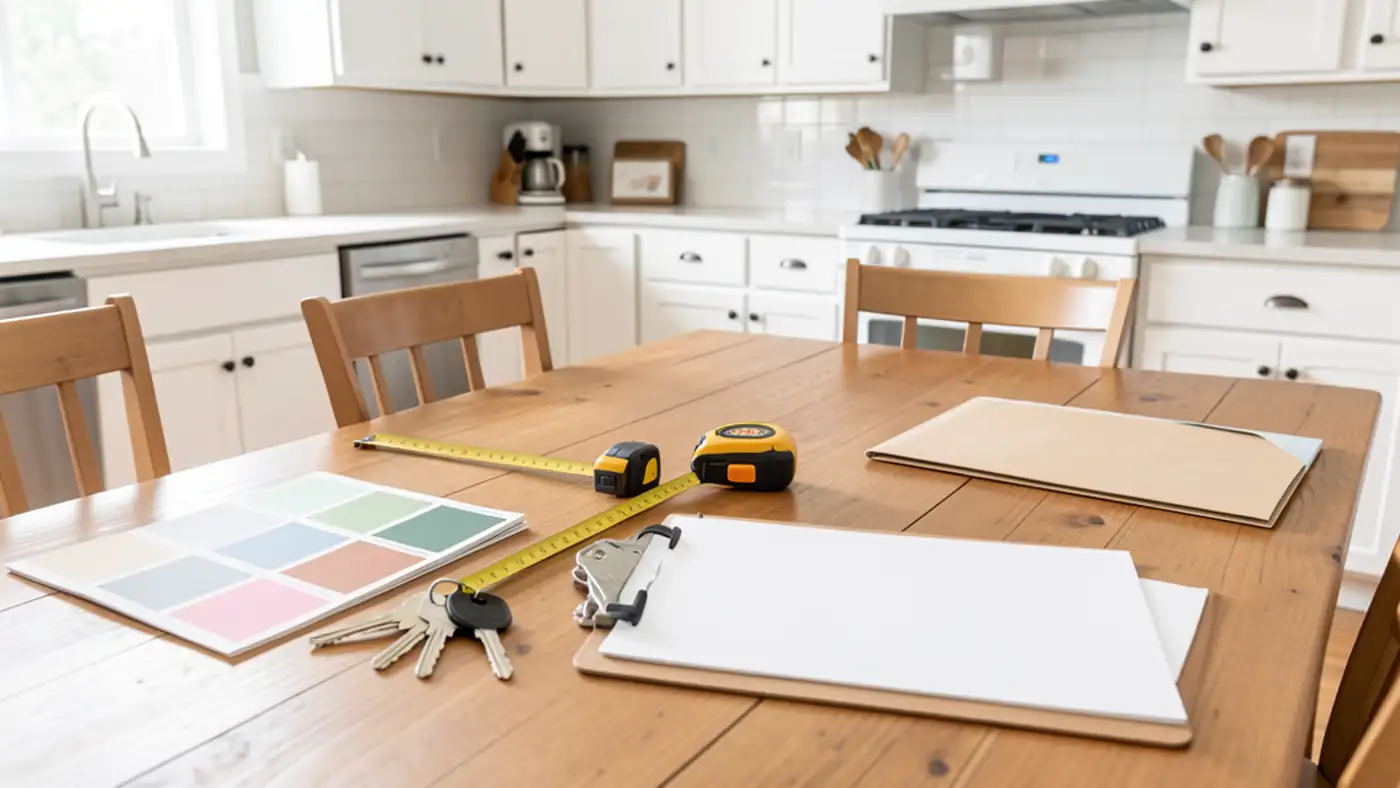 Seller prep materials on a bright kitchen table with keys, paint swatches, tape measures, and a blank clipboard in a Waukee-style home